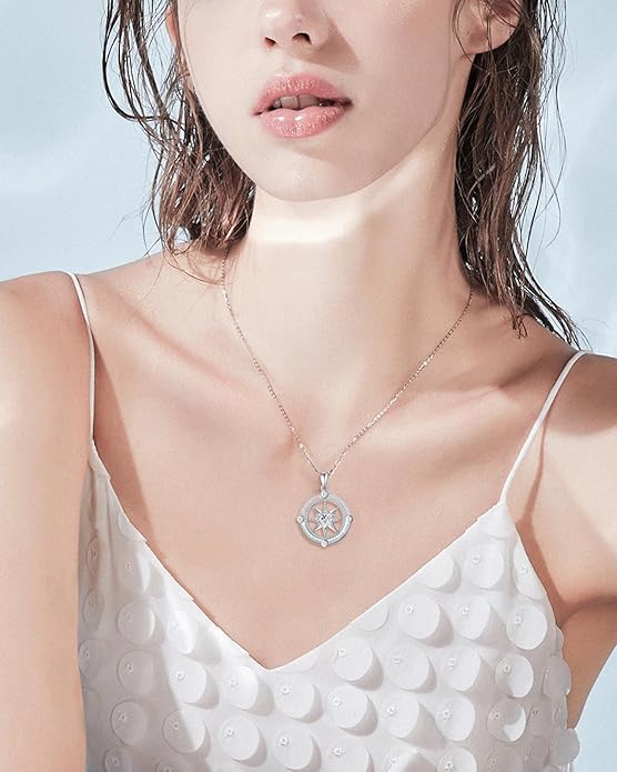 FANCIME Compass Necklace for Women Sterling Silver Compass Jewelry Opal Pendant Fine Jewelry Gemstone Birthday Mother's Day Gifts for Wife