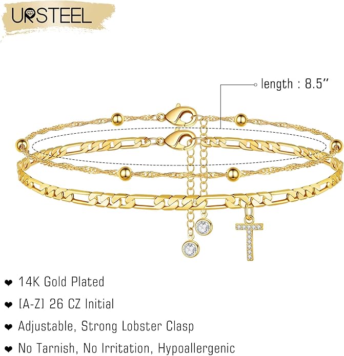 Ursteel Ankle Bracelets for Women, 14K Gold Plated Dainty Layered Chain CZ Initial Anklets Summer Jewelry Gifts for Women