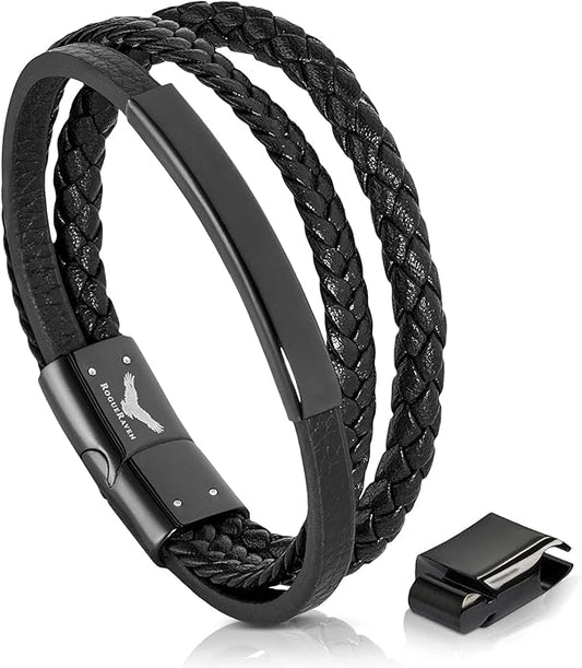 RogueRaven Black Leather Bracelet for Men – Premium Collection – Brown Black Gold Silver | Genuine Leather Mens Bracelet with Stainless Steel Clasp [Adjustable] | In Luxury Gift Box