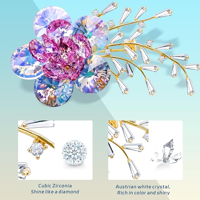 KZQtriid Brooches For Women,14k Gold Plated Copper,Crystal Roselle Cubic Zirconia Brooch Pins For Women ，Crystal Broach,Flower Broach