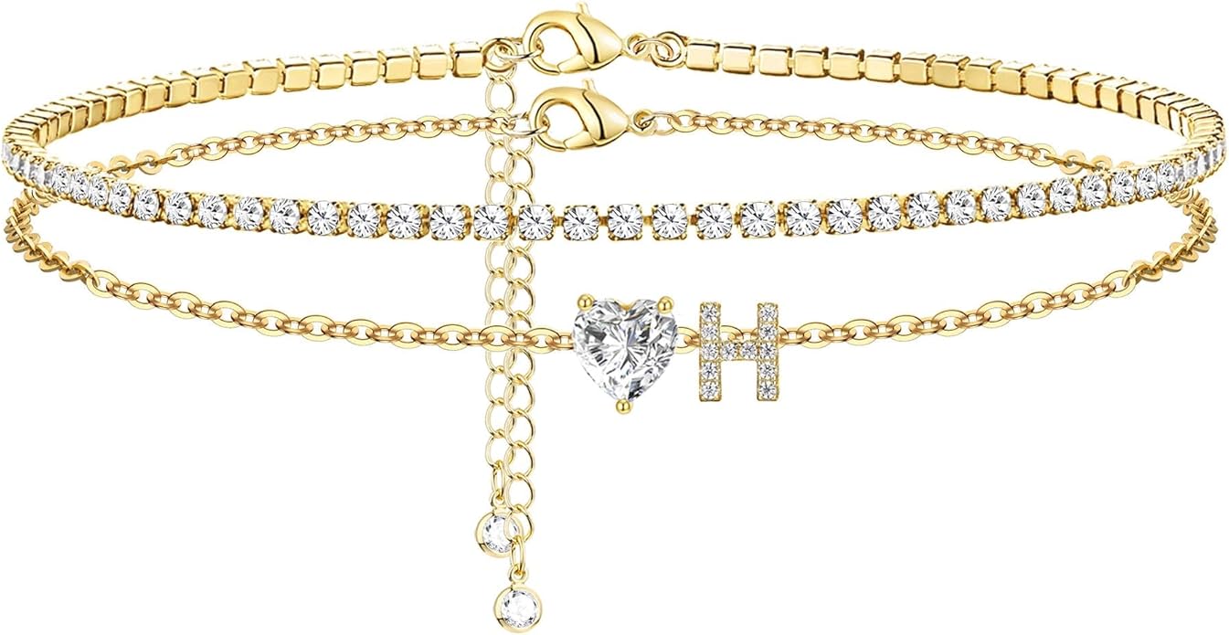 Gold Initial Ankle Bracelets for Women 14K Gold Plated CZ heart Tennis Anklets for Women Waterproof Layered Adjustable Letter Anklets Large Ankle Summer Beach Foot Jewelry