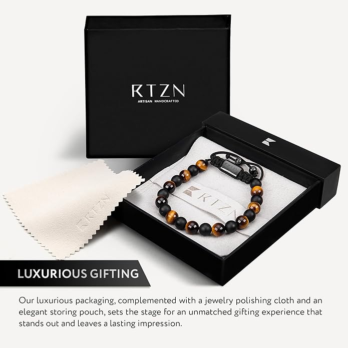 RTZN® Tigers Eye Bracelet for Men – Premium Artisan Handcrafted Golden Brown Tiger Eye Bead Bracelets – Natural Stone Tiger Eye Bracelet Men – Beaded Bracelets for Men