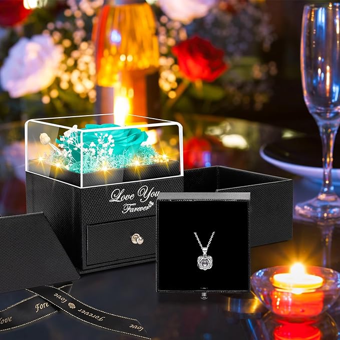 Preserved Blue Real Rose with Heart I Love You Necklace -Eternal Flowers Rose Birthday Gifts for Her Mom Wife Girlfriend Grandma on Valentines Mothers Day Christmas Anniversary Romantic-Negro Blue