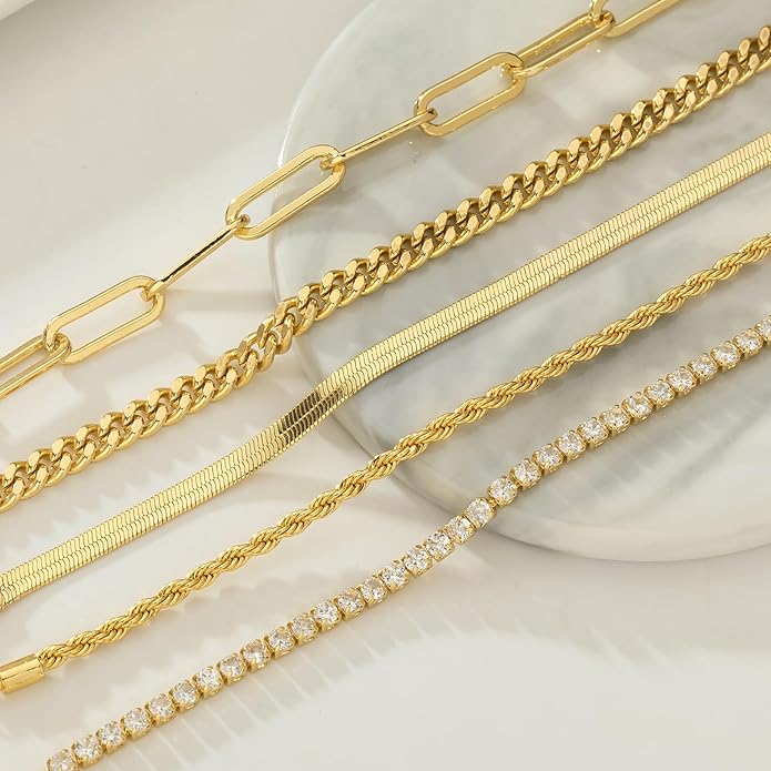 Gold Bracelets for Women 14K Gold Plated Stack Trend Bracelets Charm Paperclip Chain Cuban Link Layered Waterproof Bracelet Dainty Bracelet for Women Jewelry Gifts