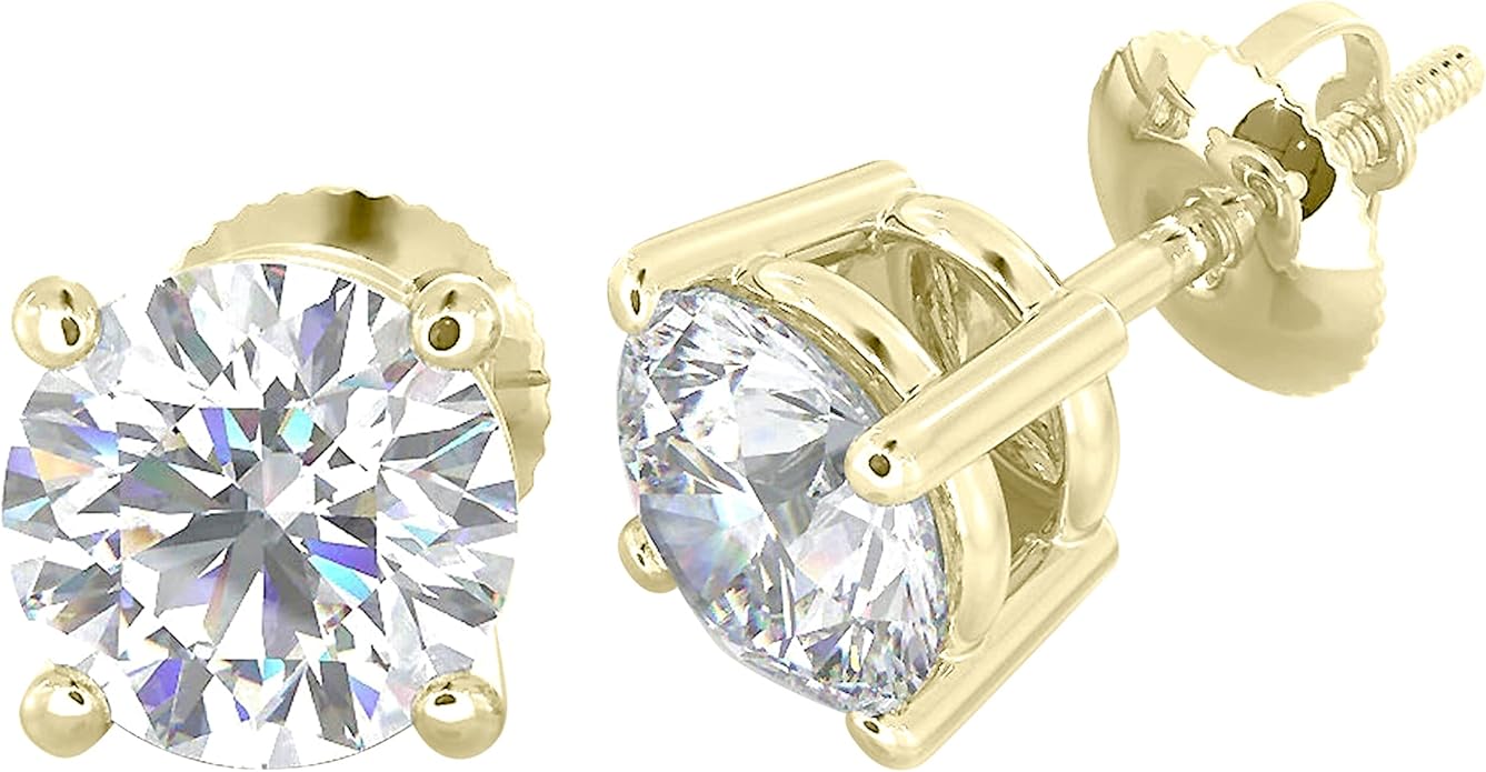 Natural Real Diamond Studs Earrings with Secure Screw Back for Women and Men, 14K Gold Round-Cut Diamond Stud Earrings