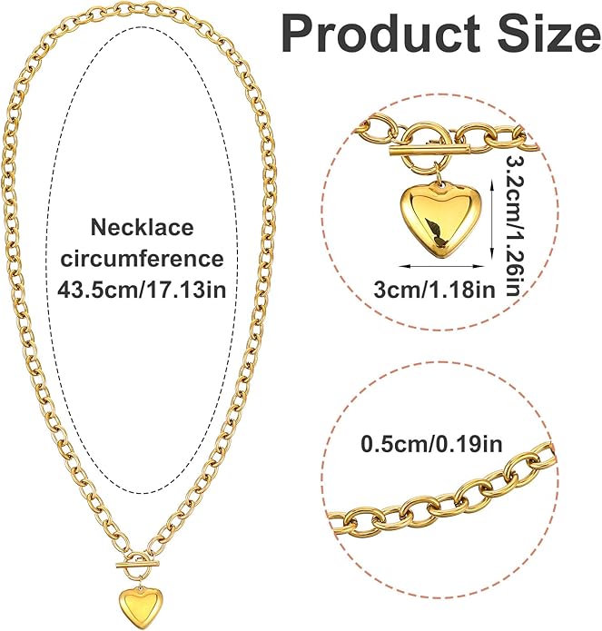 Heart Necklaces for Women Gold, Chunky Heart Necklace with Toggle Clasp Large Vintage Necklace Chunks Chain for Women Trendy Jewelry Christmas Gifts