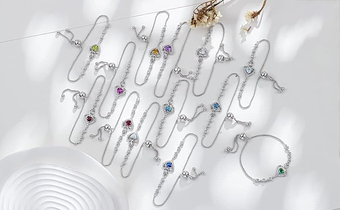 AGVANA Rosy Reverie Birthstone Bracelet for Women Sterling Silver Genuine or Created Gemstone Tennis Bracelet Rose Heart Jewelry Anniversary Birthday Gifts for Women Mom Wife Her