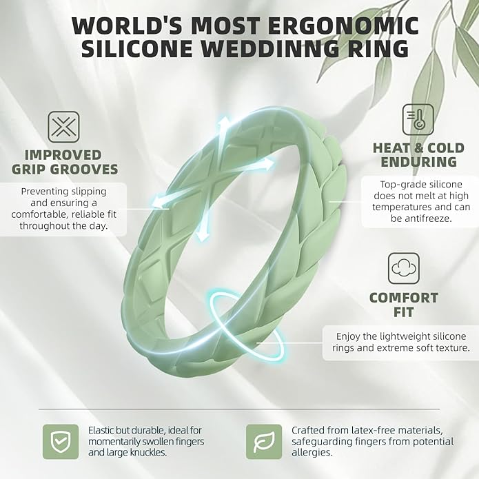 Egnaro Women's Silicone Stackable Rings 3.5mm Wide 2mm Thick, Rubber Flexible Hypoallergenic Wedding Bands For Workout Leaf Braided Fashion
