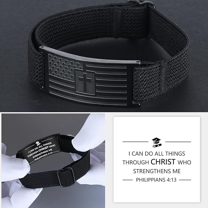 LDOWWGL Valentines Day Gifts - Mens Bracelet - American Flag Christian Cross Bracelet for Boys - Adjustable Black Elastic Stretch Strap with Bible Verse - Gift for Son Grandson