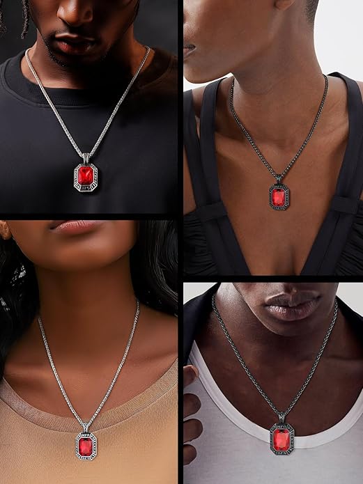 ChainsHouse Viking Rune Pendant Necklace for Men Women, Punk Biker Black Metal/316L Stainless Steel Onyx Norse Vintage Amulet Necklaces with Black/Red/Green/Blue Gemstone, Send Gift Box