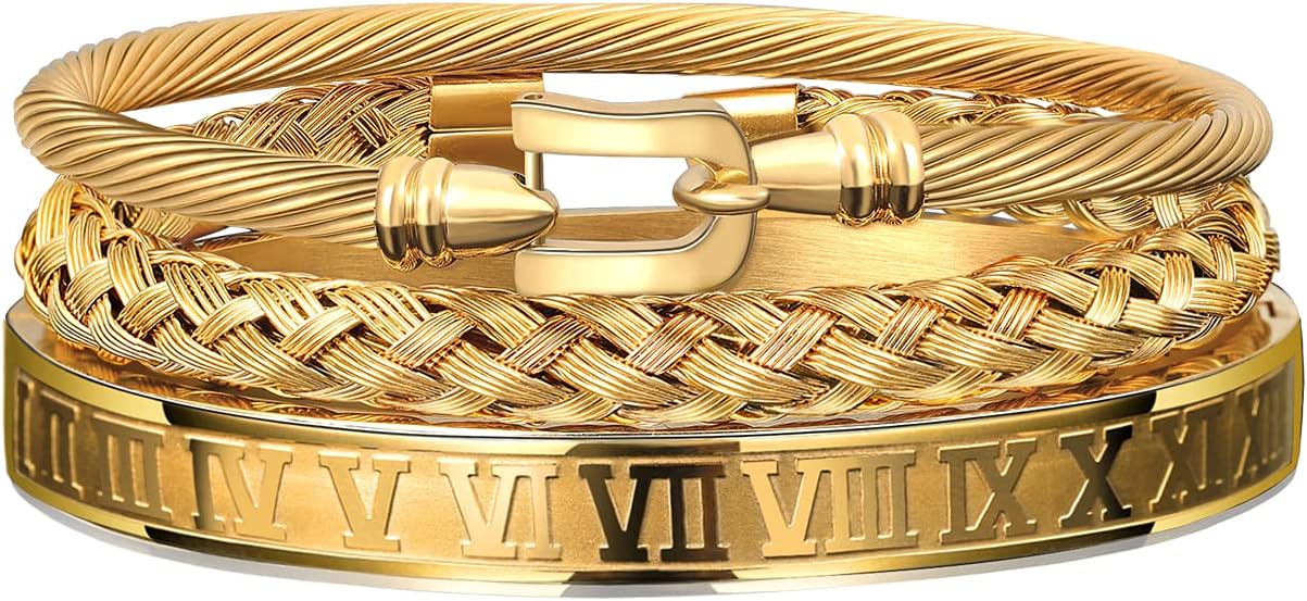 WFYOU 3PCS Stainless Steel Bracelets for Men Gold Roman Numeral Bangle Bracelet Twisted Cable Bracelet Adjustable Cuff Bracelet Mens Luxury Jewelry Bracelets Gifts