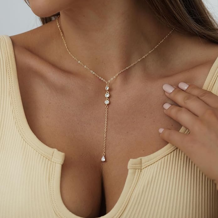Gold Y Necklace for Women 14K Gold Plated Y-Shaped Drop Necklaces CZ Long Necklace Cubic Zirconia Pendant Layered Long Lariat Necklace Women Jewelry