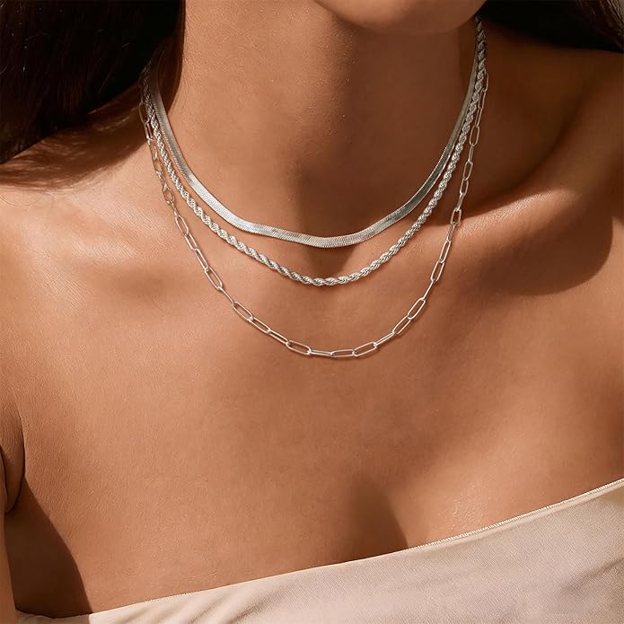 Layered Gold Necklace for Women Dainty 14K Gold/Silver Plated Stacked Necklace for Women Trendy Cuban Paperclip Herringbone Chain Diamond Pendant Necklaces Jewelry Set Accessories Gift