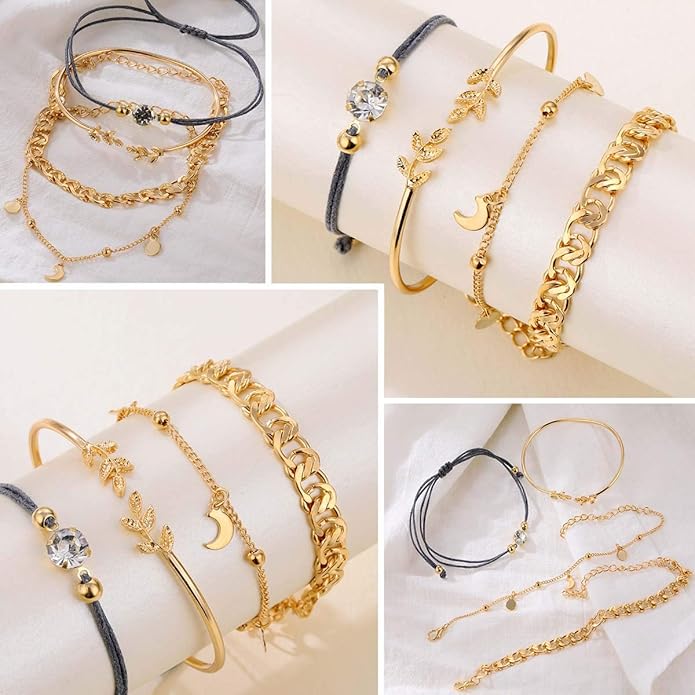 17IF 18-25 PCS(6 Pack) Boho Gold Bracelets Set for Women Stackable Chunky Dainty Bangles Adjustable Chain Flat Cuff Cuban Punk Charm Bundle Jewelry