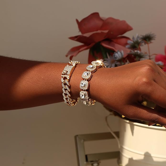 shopbyskyler 4PCS Gold Bracelets for Women Silver Clustered Tennis Bracelet for Women Heart Round Diamond Cuban Bracelet Layered Link Bracelet Set Fashion Jewelry for Women Set
