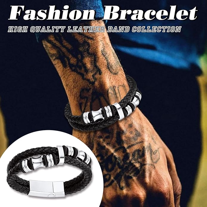 Bestyle Genuine Men Leather Bracelets Fashion Stainless Steel Celtic/Sport Ball Bead Cuff Wirstband Bracelets for Men, Size 7.5/8.3/9.1Inch