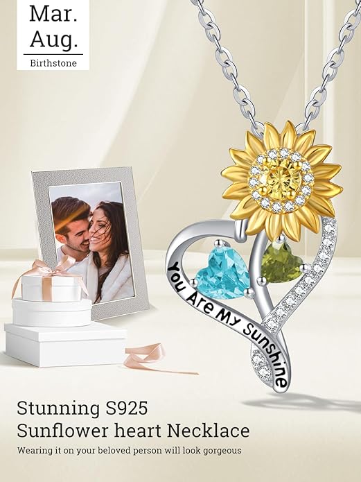 Zeuslia Double Birthstone Necklace Gifts for Wife - 925 Sterling Silver Sunflower/Rose/Crown Cross/Compass/Heart Pendant I Love You Necklace, Anniversary Birthday Gifts for Wife Girlfriend Mom Her