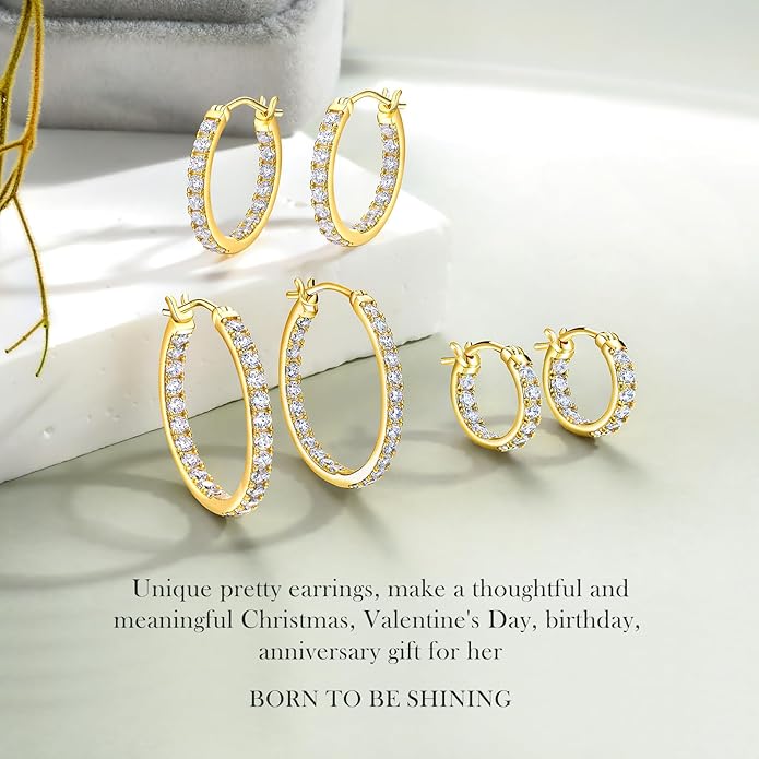 Yellow Gold Plated/925 Sterling Silver Sparkle Cubic Zirconia Hoop Earrings for Women fit Sensitive Ears 14mm/20mm/26mm Huggie/Medium/Large Hoops(with Gift Box)