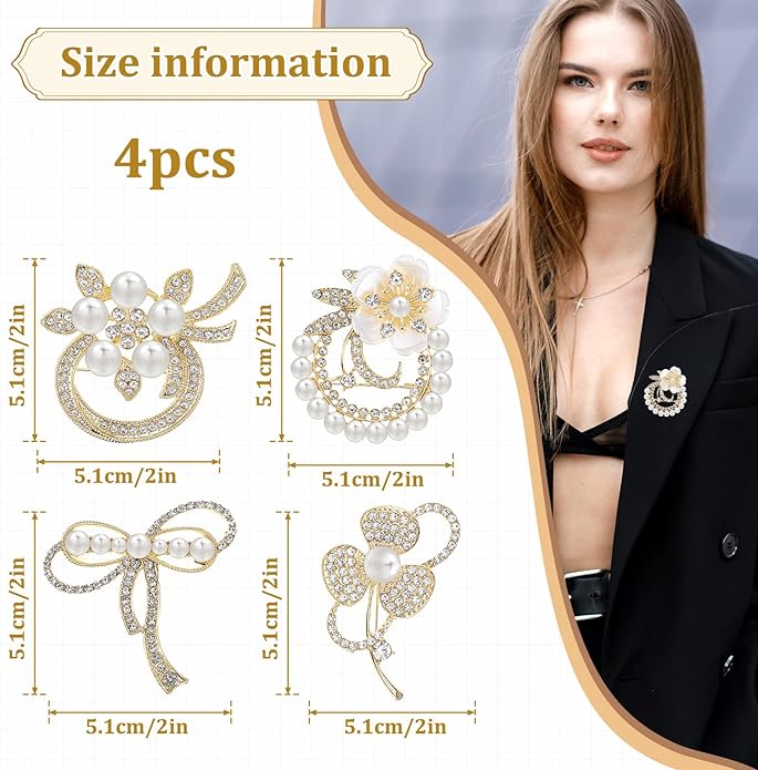 4pcs Brooches and Pins for Women, Flower Brooch, Crystal Pearl Brooch, for Women Fashion Accessories