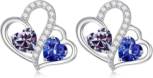 Iefil Valentines Day Gifts for Her - Birthstone Earrings Gift for Women, 925 Sterling Silver Double Heart Birthstone Earrings | Anniversary Birthday Gifts for Women, Personalized Jewelry for Wife Mom