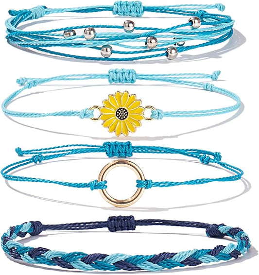 FANCY SHINY Sunflower String Bracelet Boho Braided Rope Wrap Bracelets Cute Summer Beach Surfer Jewelry for Women