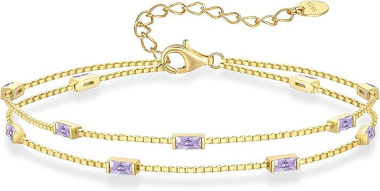 LOUISA SECRET Birthstone Bracelets for Women, 925 Sterling Silver Dainty Simple Women Charm Link Bracelet, Birthday Anniversary Jewelry Gifts for Women Wife Mom Her