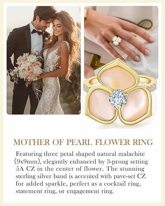 AIBAO Flower Gemstone Rings for Women Three Pental Turquoise/Malachite/Mother of Pearl Flower Ring with Cubic Zirconia Center Sterling Silver Statement Rings Size 6 to 10