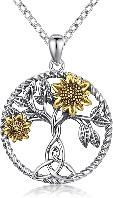 CHENGHONG Sunflower Necklace 925 Sterling Silver Tree of Life Necklace Daisy/Rose/Sunflower Pendant Necklace Sunflower Jewelry Gifts for Women Mom