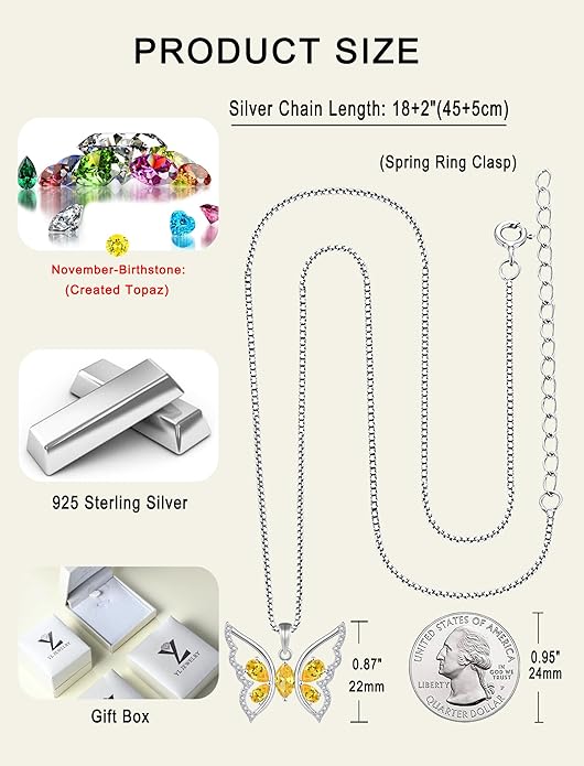 YL Women's Butterfly Necklace 925 Sterling Silver Flower Rose Pendant Birthstone Halo Jewelry