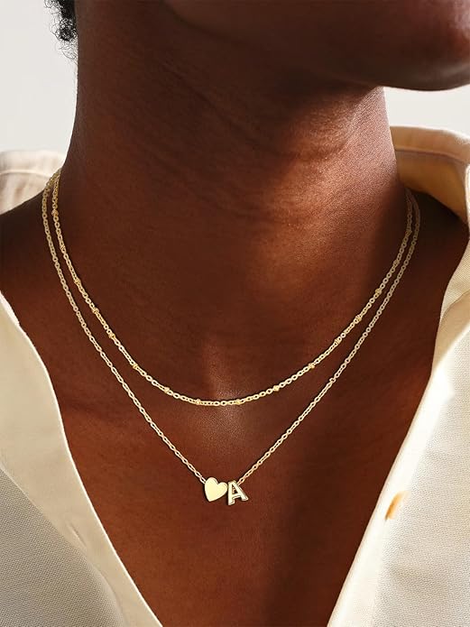 FOCALOOK Layered Initial Necklace for Women, 14K Gold Plated Choker Necklaces Stacks with Initial A-Z, Dainty Silver Heart Pendant Necklace Personalized Birthday Women Jewelry