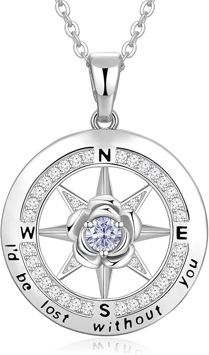 Silver Compass Necklace for Women Birthday Gifts for Wife Anniversary Necklace for Women Rose Flower Birthstone Necklaces for Wife Jewelry for Womens Girlfriend Mom Daughter