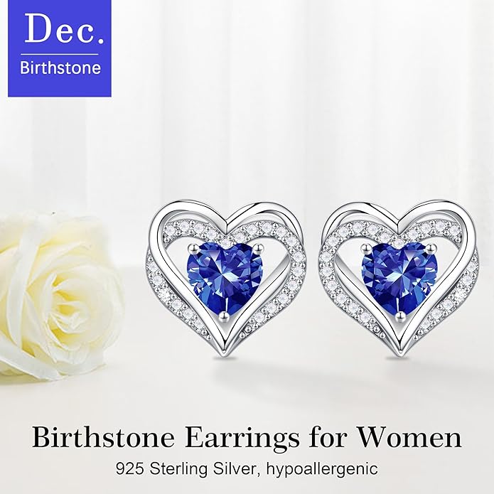 Iefil Birthstone Earrings for Women, 925 Sterling Silver Heart Stud Earrings Birthday Gifts for Women