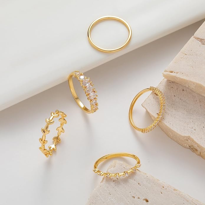 FUNEIA Stackable Gold Rings for Women Non Tarnish Trendy Dainty 14K Gold Plated Stacking Cubic Zirconia Thumb Ring Set Pack Statement Chunky Band Rings Promise Engagement Rings Size 7 8 9 10 11