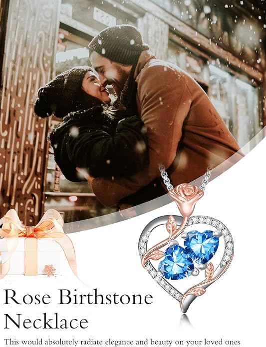 Christmas Gifts for Women Rose Heart Birthstone Pendant Necklace I Love You Forever Jewelry Valentine Mothers Day Birthday Gifts for Women Her Wife Girlfriend