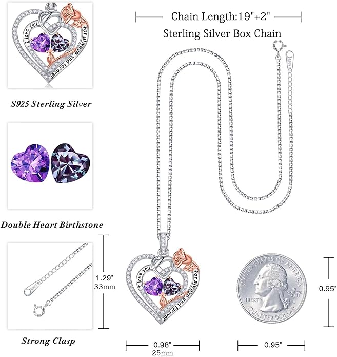 Iefil Rose Heart Necklace Gifts for Wife Women - 925 Sterling Silver Double Birthstone Necklace, Anniversary Birthday Gifts for Women, Jewelry Gift for Wife Girlfriend Mom Her