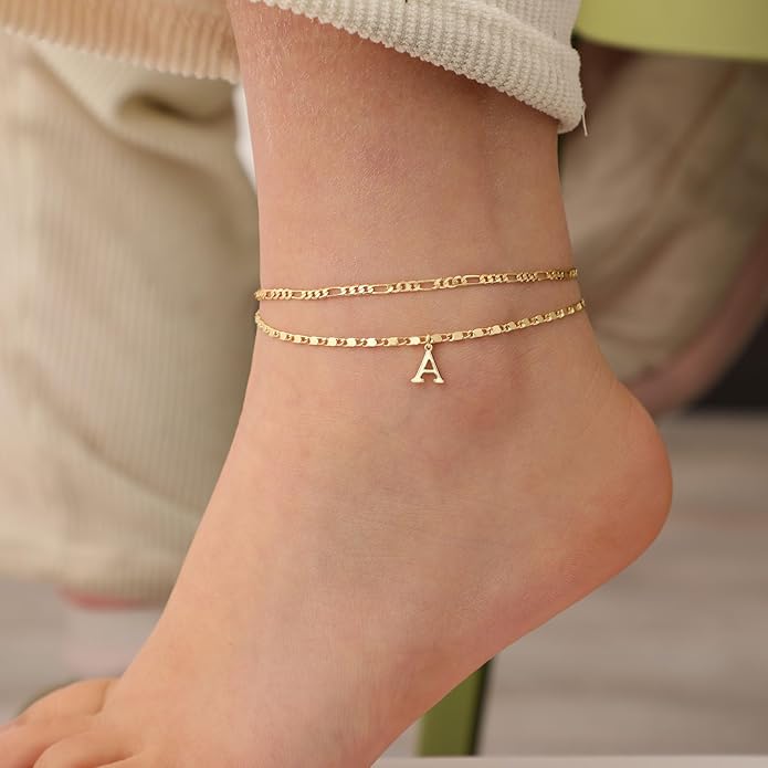Tasiso Initial Ankle Bracelets for Women，Layered Waterproof Anklet for Women 14K Gold Filled Anklets Layering Thin Figaro Letter Anklet Summer Jewelry Gifts for Women
