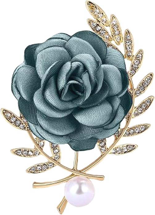 Rose Brooch for Women,Dainty Satin Fabric Flower Lapel Pins Vintage Elegant Pearl Brooches Handmade Crystal Pearl Pins Silk Camellia Safety Collar Pin Dress Suit Accessories Wedding Bridal Bouquet Jewelry