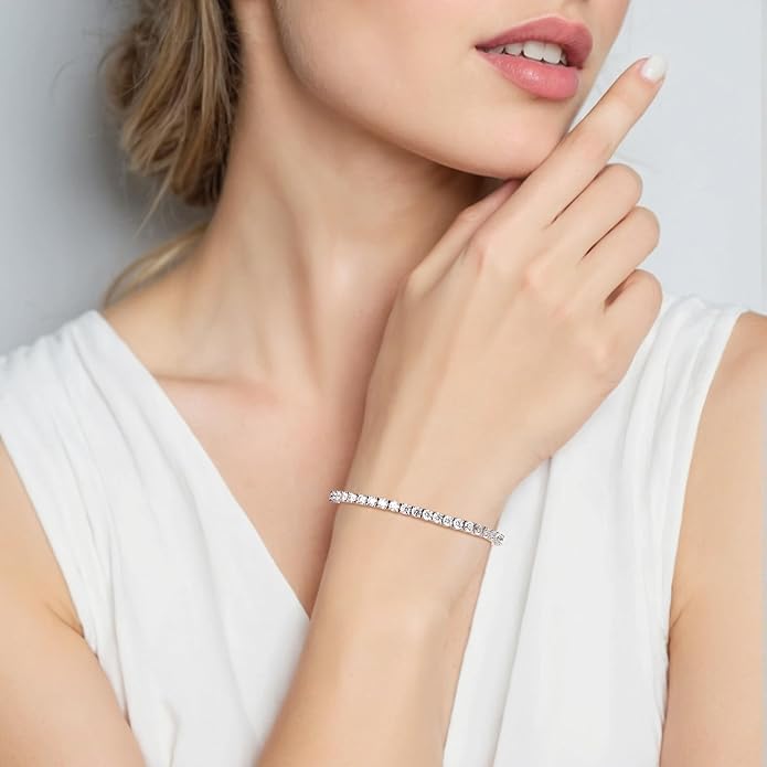 LOVE&LOVE Moissanite Tennis Bracelets for Women, 3mm & 4mm D Color VVS1 Round Cut｜925 Sterling Silver Adjustable Bracelet, Jewelry Gift Her Birthday Anniversary