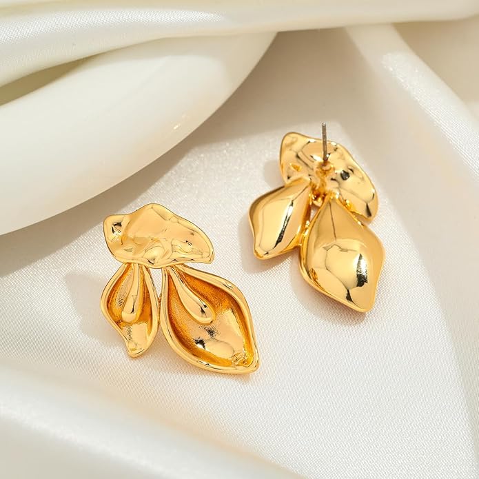Chunky Gold Statement Earrings For Women Gold Plated Sectored Flower Leaf Shell Angel Wing Earrings Large Stud Earrings Hypoallergenic Earrings