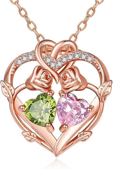 Rose Gold Necklaces for Women Double Birthstone Rose Flower Heart Pendant Necklace Jewelry Anniversary Christmas Valentine's Mother's Day Birthday Gift for Wife Mom Her Girlfriend Sister