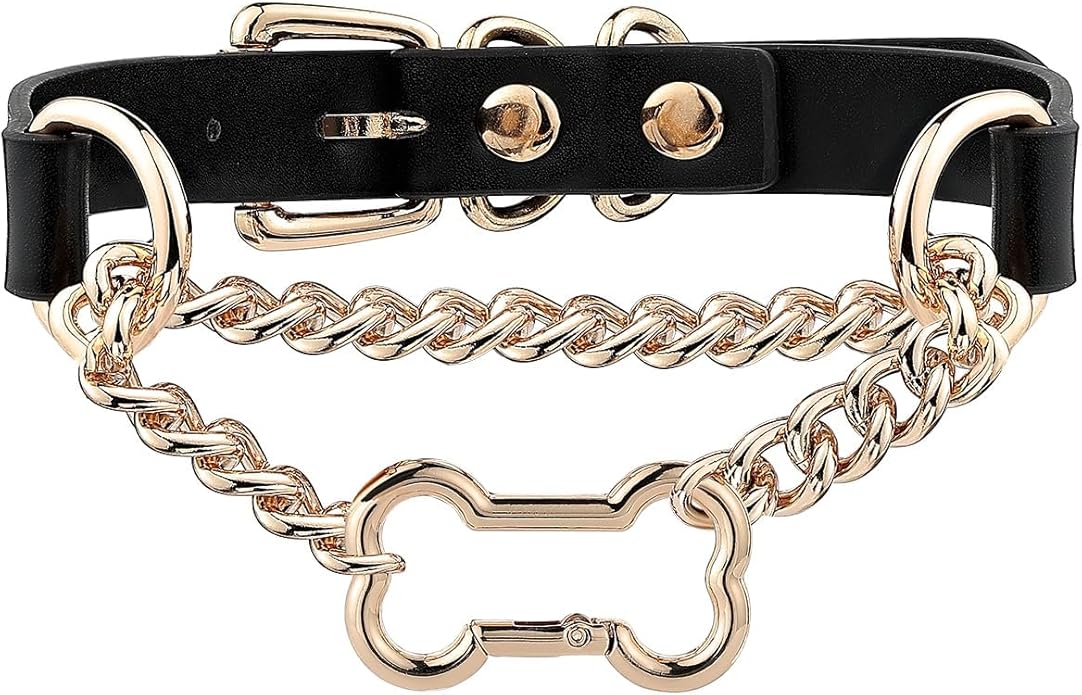 Black/Pink Leather Choker Collar For Women, Handmade Gothic Slip Chain Necklace with Bone Clasp