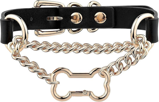 Black/Pink Leather Choker Collar For Women, Handmade Gothic Slip Chain Necklace with Bone Clasp