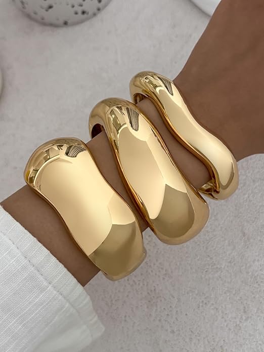 Chunky Gold Bangles Bracelets for Women Trendy Stack Statement Bangle Irregular Cuff Bracelets Fashion Jewelry Gift