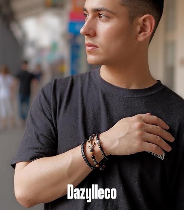 3pc Mens Beaded Bracelets Silver Stainless Steel Chain Bracelet for Men Handmade Braided Bracelet Sets Jewelry Gifts for Men