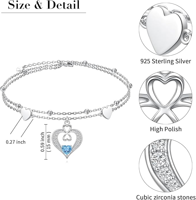 925 Sterling Silver Ankle Bracelet for Women Heart Multilayer Anklets Dainty Beaded Chain Adjustable 9+1 Inches for Summer Cute Beach Foot Jewelry