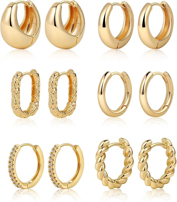 MIDEEO Gold/Sliver Chunky Hoop Earrings Set for Women, 14K Gold Plated Twisted Huggie Hoop Earring Hypoallergenic Thick Open Lightweight Chunky Hoop Earrings Jewelry for Gifts
