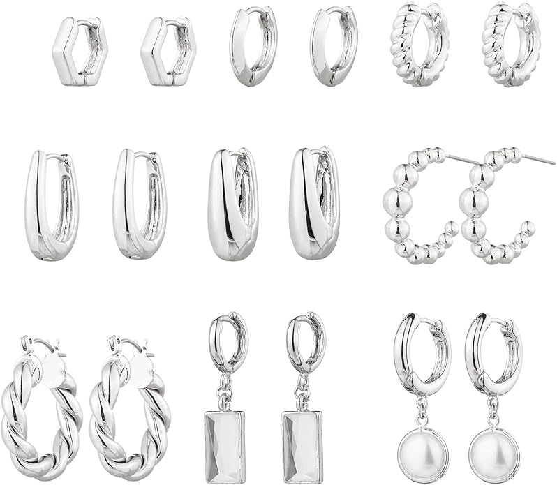 9 Pairs Gold Chunky Hoop Earrings Set for Women, 14K Gold Plated Twisted Huggie Hoop Earring Hypoallergenic, Lightweight Thick Open Hoops Earrings Jewelry Gifts.