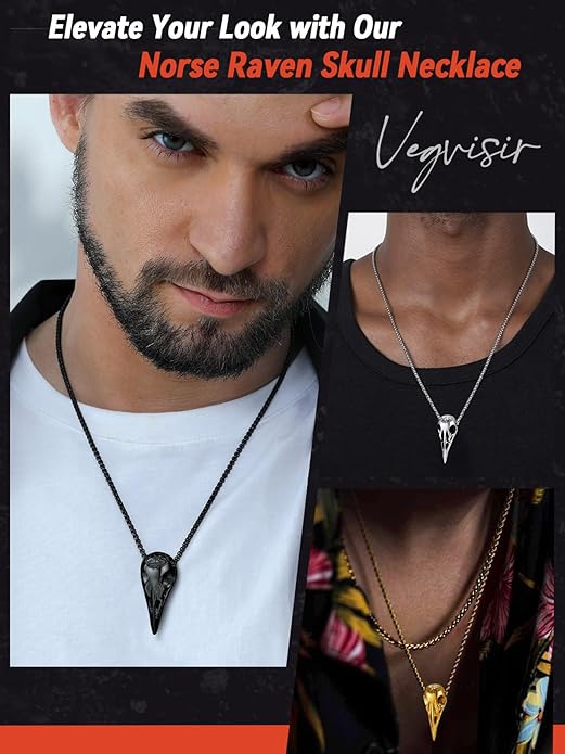 FaithHeart Viking Raven Necklace for Men, Norse Mythology Raven Skull Pendant Sturdy Stainless Steel Amulet Jewelry Gift for Men
