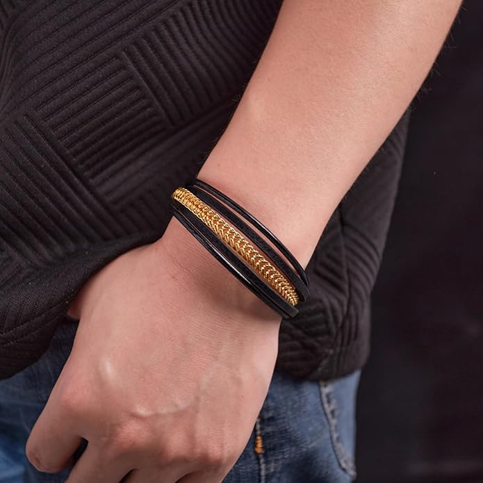 Italian Handmade Genuine Leather Bracelets for Men Stainless Steel Clip, Men's Casual Genuine Multi-layer Cuff Bracelet, Bracelet Gift for Real Men