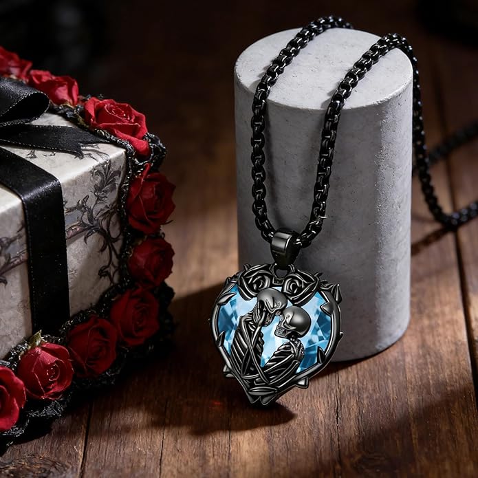 Flpruy 925 Sterling Silver Black Gothic Jewelry Gifts Skeleton Couple Pendant Crystal Birthstone Heart Necklace Punk Romantic Jewelry for Lover Men Women